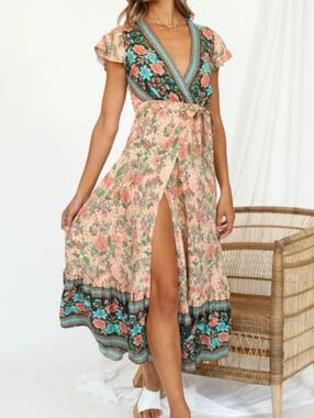 Bohemian Peach Floral Wrap And Tie Maxi Dress with Contrasting Border Size L
